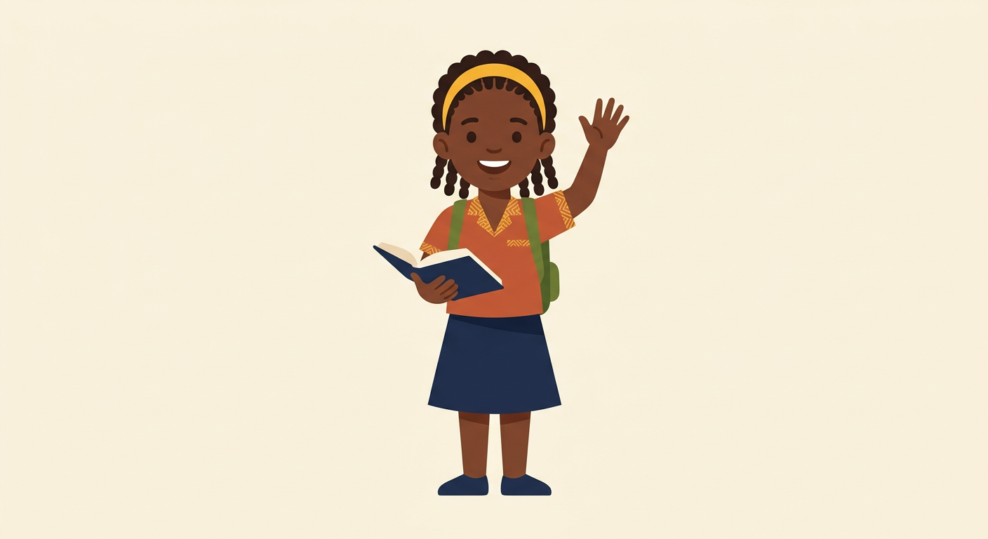 Awa, la mascotte du jeu : une écolière souriante qui tient un livre et salue de la main